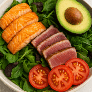 120. Salade aux saumon et thon grillé avec avocat (3, 4, 6)