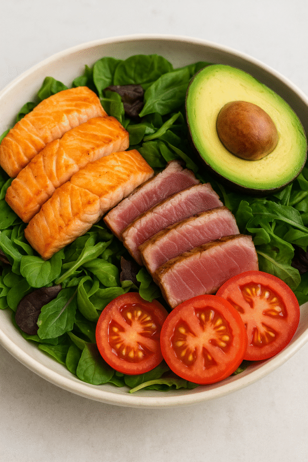 120. Salade aux saumon et thon grillé avec avocat (3, 4, 6)